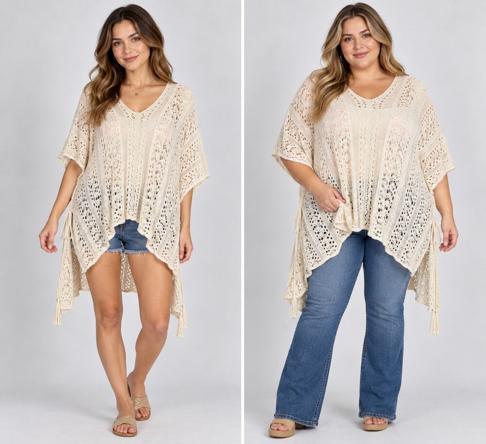 Womens Lacey Knit Crocheted Pullover Poncho Sweater Coverup Tan OS
